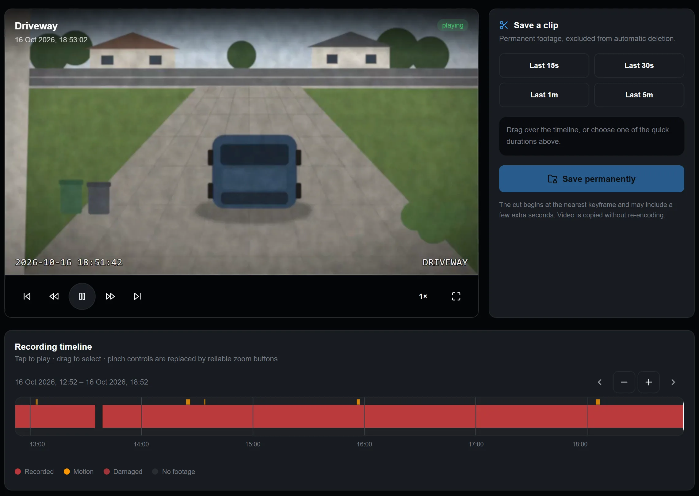 The Timeline page playing back a driveway camera, with the six-hour recording bar and motion marks below.